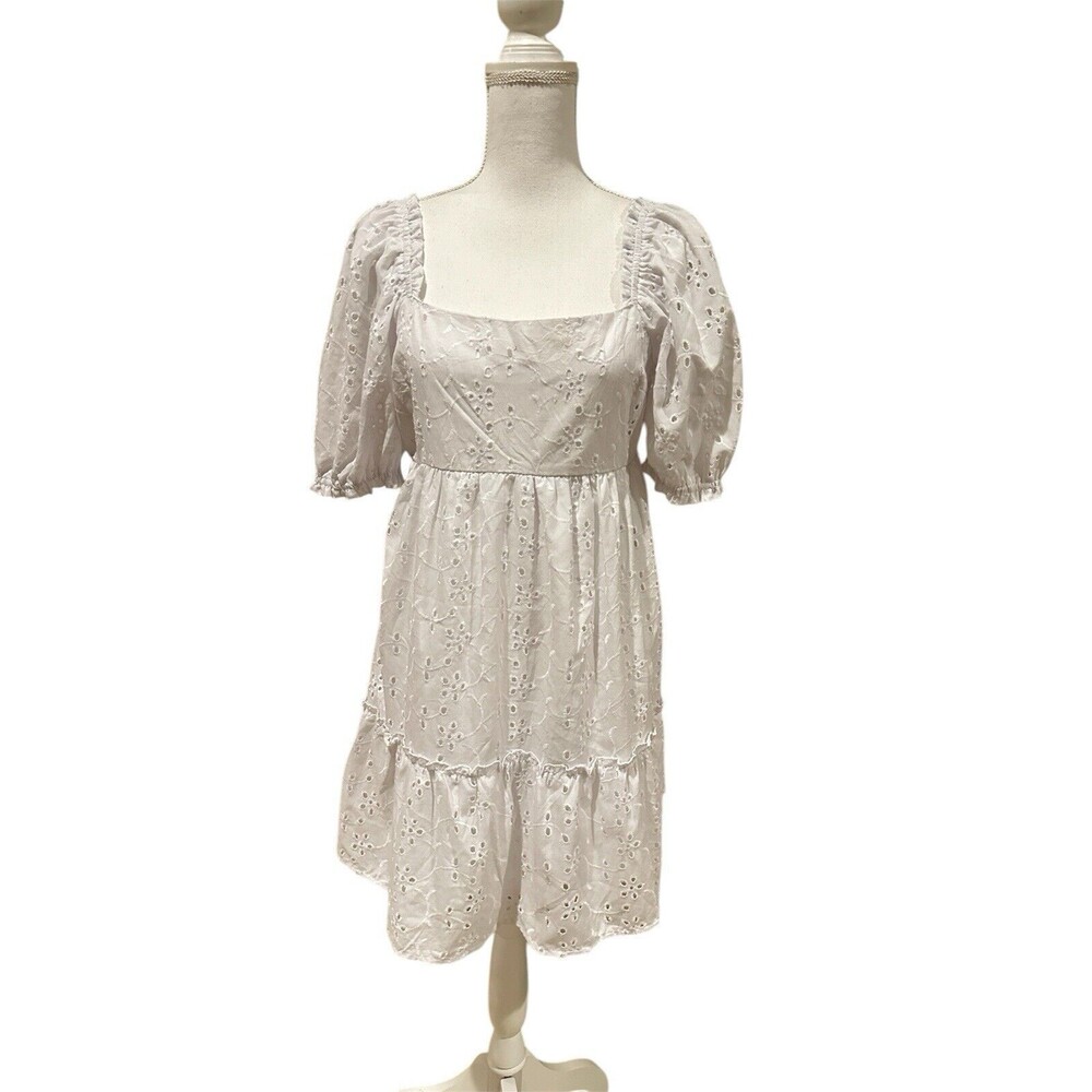 Crystal Doll Dress Women's M White Eyelet Puff Sleeve Lined Mini